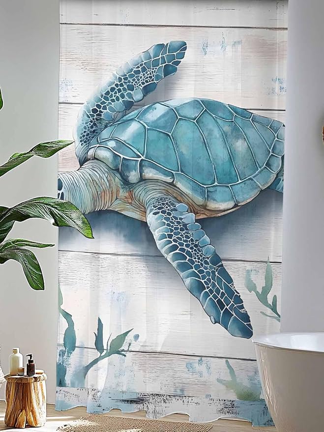 Sheer Curtains 96 Inches Long, Teal Green Sea Turtle Semi Sheer Curtains Light