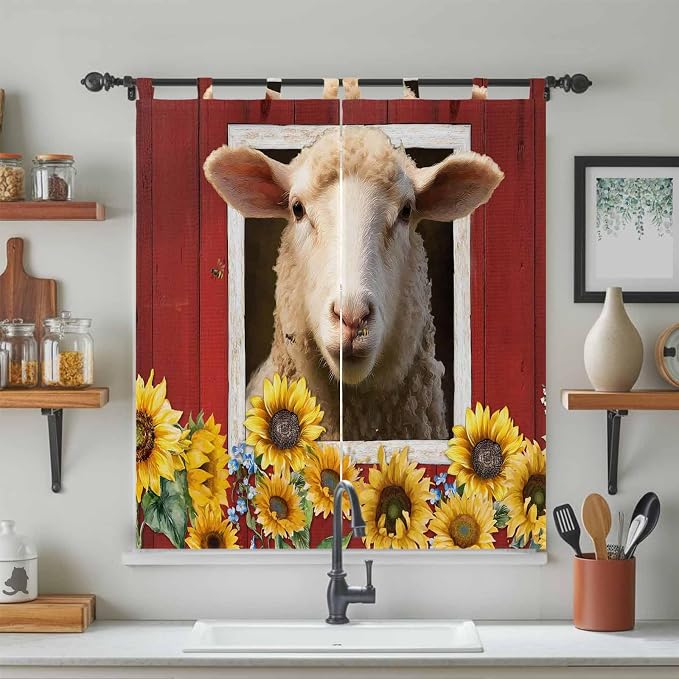 Sheep Sunflower Living Room Curtains 84 Inch Length, Window Curtains Tab Top