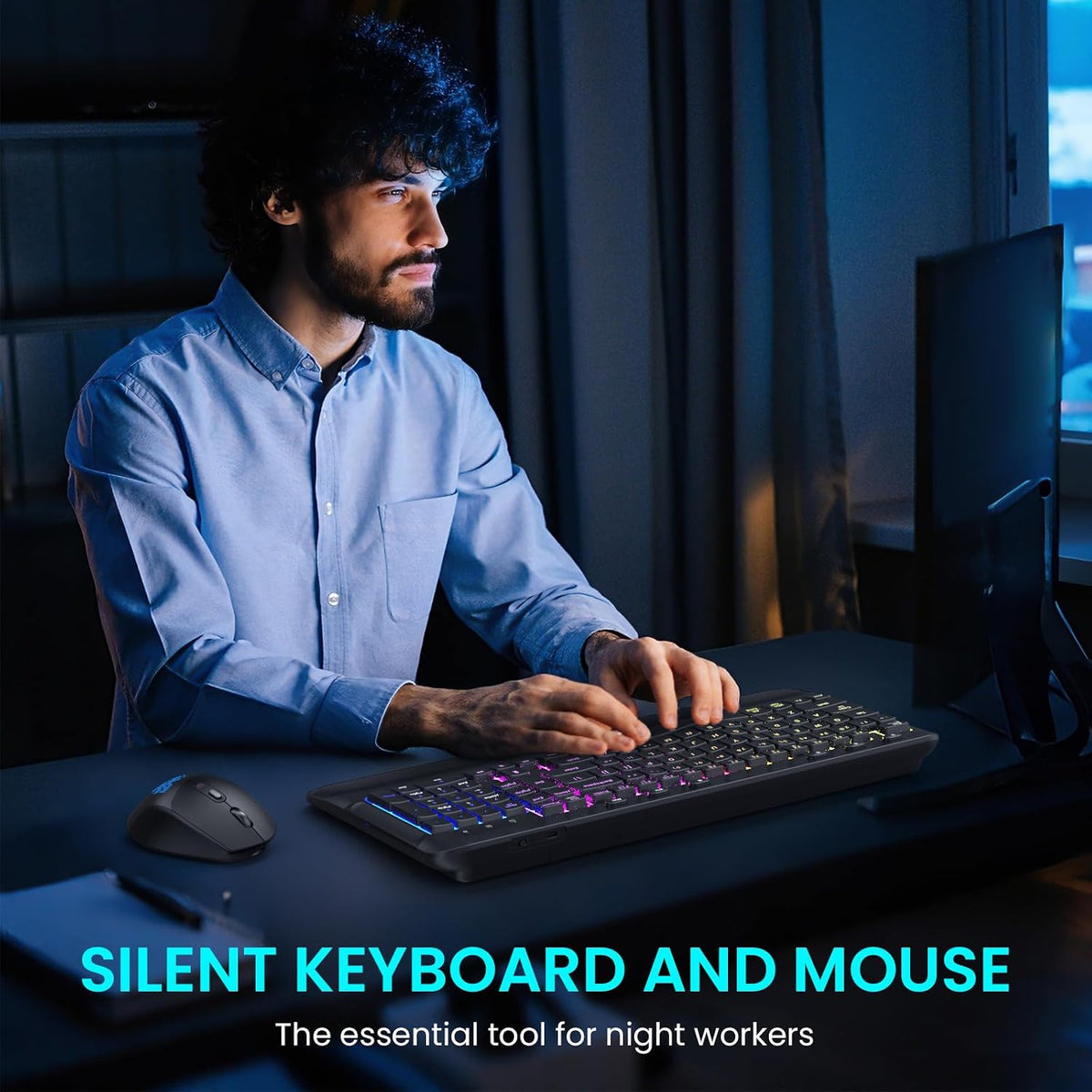 Ergonomic Wave Wireless Keyboard Mouse Combo, 9 RGB Backlit, Silent Keys