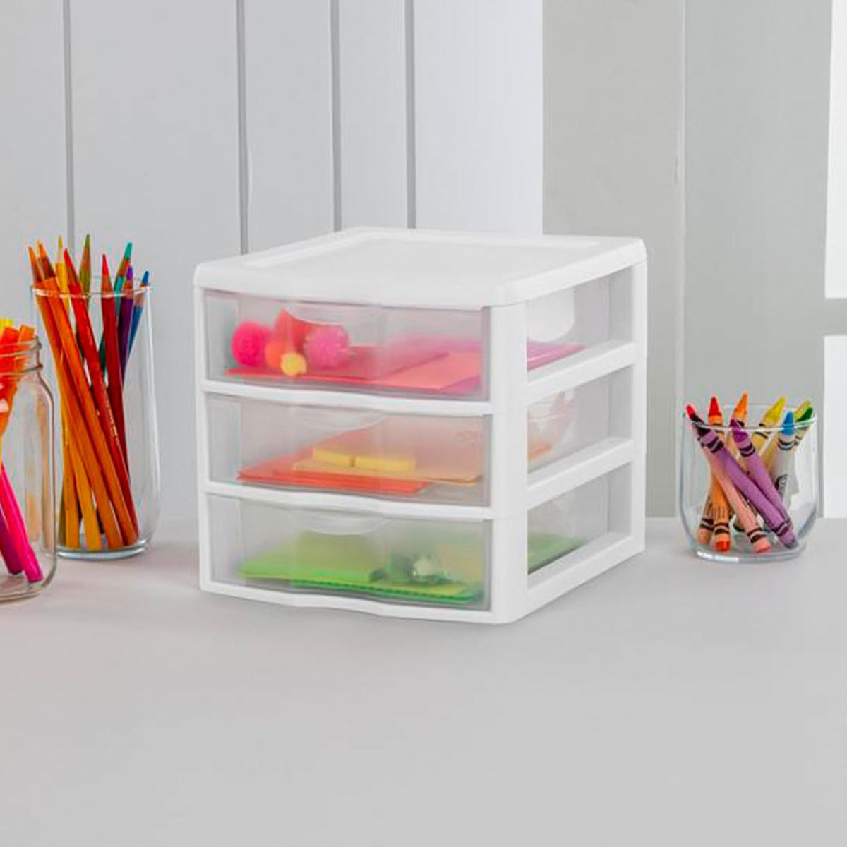 Sterilite Clearview Plastic Multipurpose Small 3 Drawer Desktop Storage Organization Unit for Home, Classrooms, or Office Spaces, White, (Pack of 6)