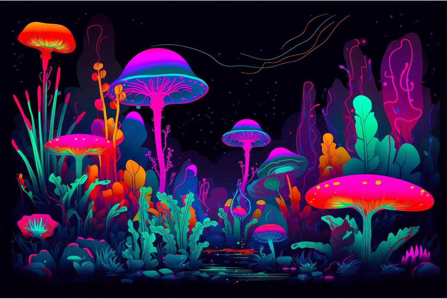 Mushrooms Aquarium Background Mushrooms in Dark Forest with Bright Colors Terrarium Background Tranquil Lake Cartoon Style Aquatic Plants Fish Tank Backdrop Poster Decorations Wallpaper Decor 48x24in