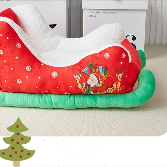 Christmas Sleigh Dog Bed, Red Cat Pet Bed, Washable and Highly Durable Indoor/Outdoor, Holiday Themed (A)