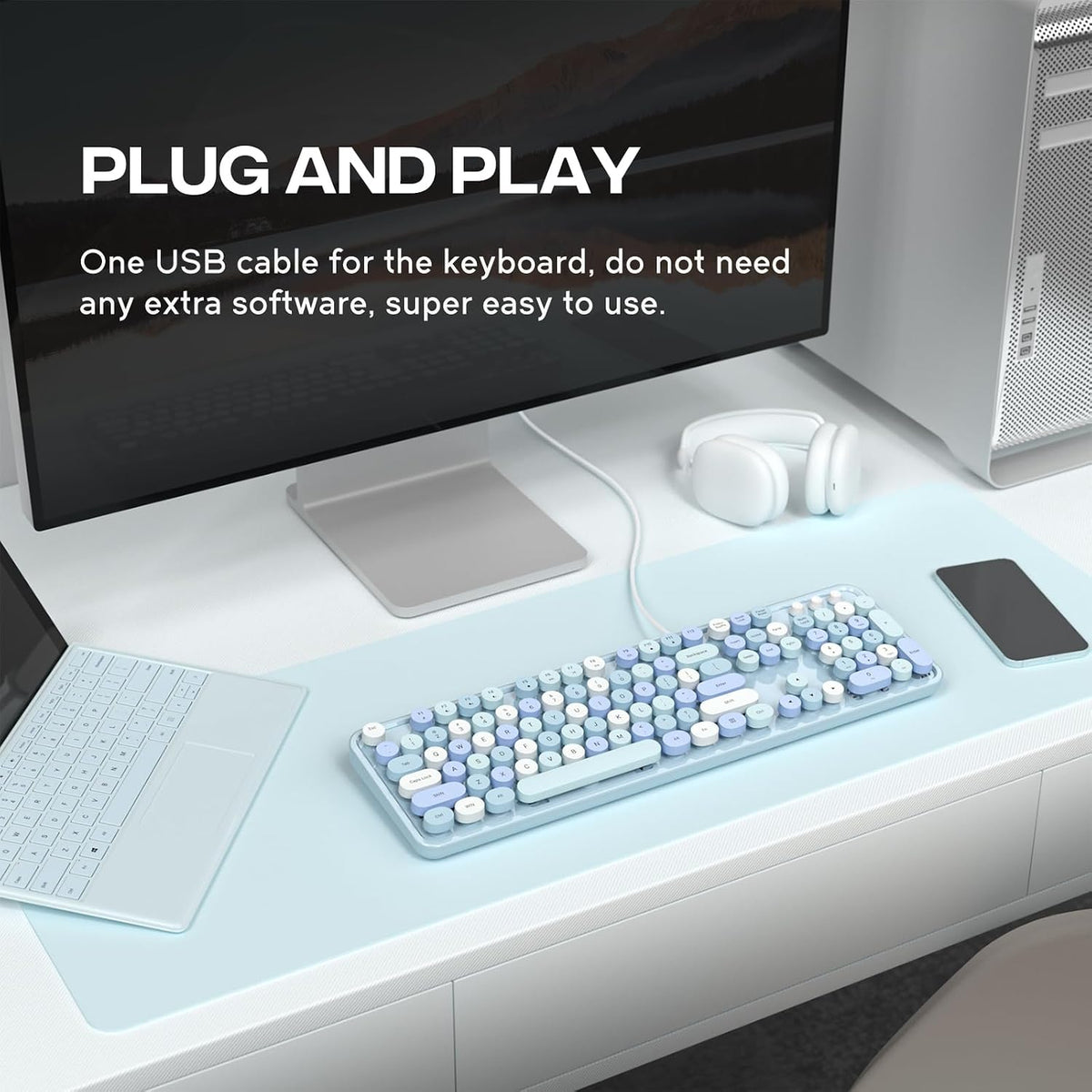 Dilter Wired Keyboard, Full-Sized Typewriter Keyboards, USB Plug and Play Office Keyboard with Number Pad, Caps Indicators, Foldable Stands for Windows, PC, Laptop, Desktop (Blue Colorful)