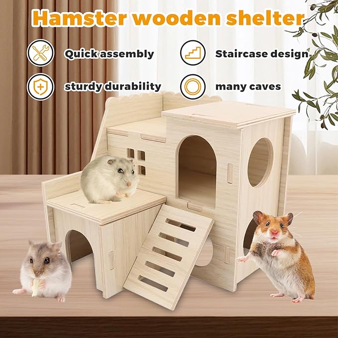 Wooden Dwarf Hamster House, Hamster Tiny House Hideout, Hamster Maze House, Large Balcony Lookout Holes, Easy to Assemble, Detachable Parts, Secure Hideaway, C