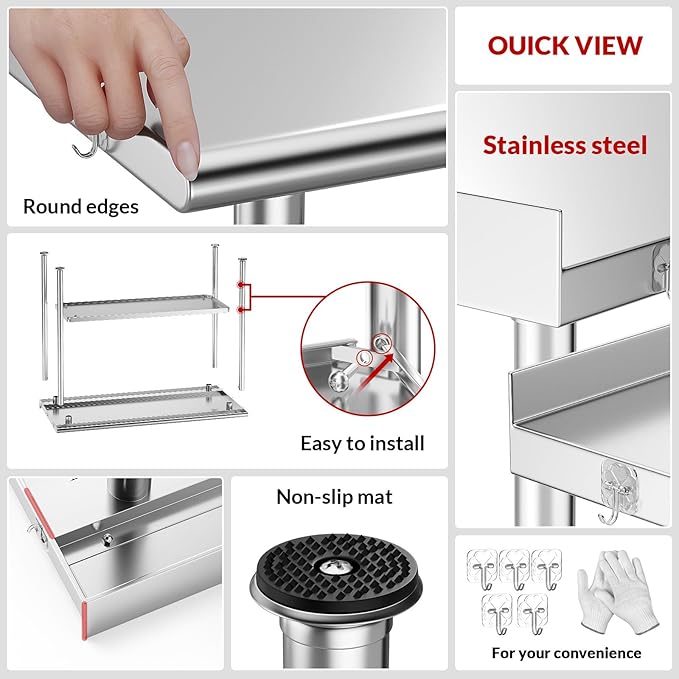 All-Stainless Steel Prep Table, 30 X 36 Inch, with Rounded-Corner Backsplash and Adjustable Undershelf, Heavy-Duty for Outdoor Use,Restaurants,Hotels,Workshops,Kitchens,Gardens, and Garages
