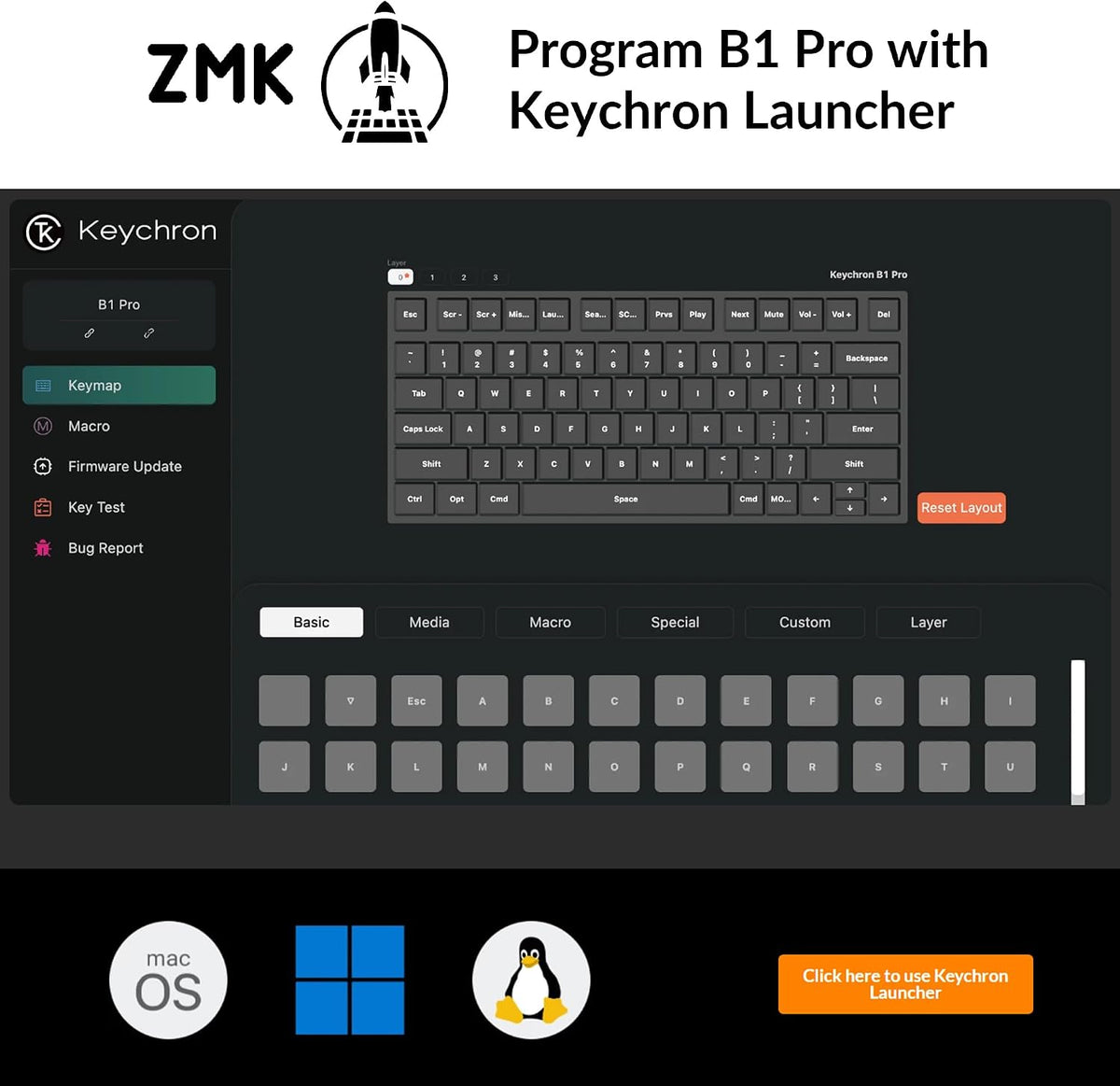 Keychron B1 Pro Ultra-Slim Wireless Keyboard, ZMK/Launcher Programmable Bluetooth/2.4GHz/Wired, 1200 Hours Battery Life, Silent Scissor Switch Office Keyboard for Mac/Windows/Linux - Gray