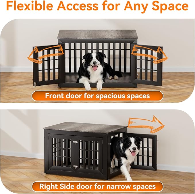 38" Heavy Duty Dog Crate Furniture for Small,Medium and Large Dogs,Rustic Wooden Dog Cage Kennel Indoor Furniture with Waterproof Top,Decorative Pet House Side End Table (Black & Grey)