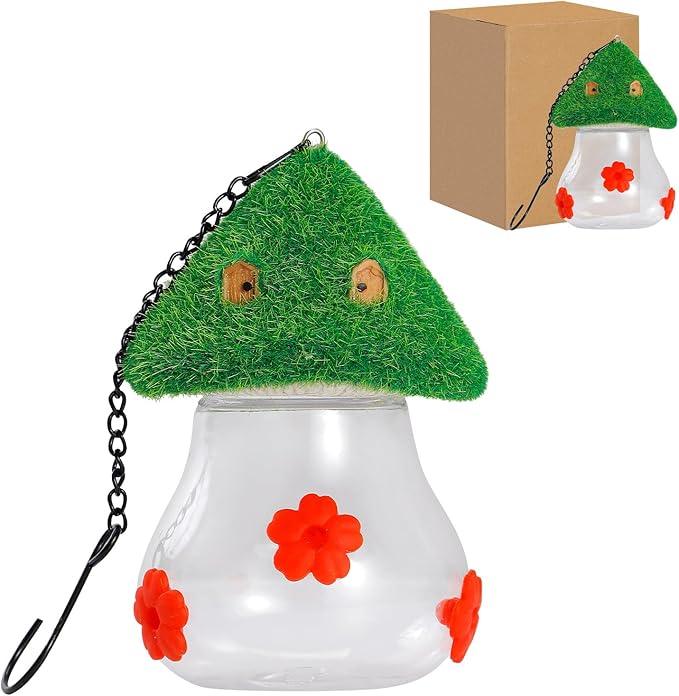 Hummingbird Feeders for Outdoors Hanging - Mushroom House Shape Bird Drinker, Water Resistant Leak Proof,Garden Birds Watching Patio Decoration with 3 Silicone Flower Feeding Ports (red Flower)