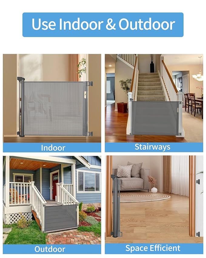 Retractable Baby Gate for Doorways and Stairs, Mesh Safety Gate for Pet, Indoor & Outdoor Use, One-Hand Operation, Easy Installation, 33.6" Tall, Expands to 55" Wide（Grey,33.6"x55"