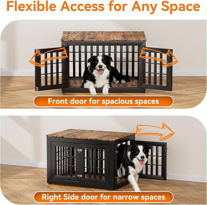 38" Heavy Duty Dog Crate Furniture for Small,Medium and Large Dogs,Rustic Wooden Dog Cage Kennel Indoor Furniture with Waterproof Top,Decorative Pet House Side End Table (Black & Wood)