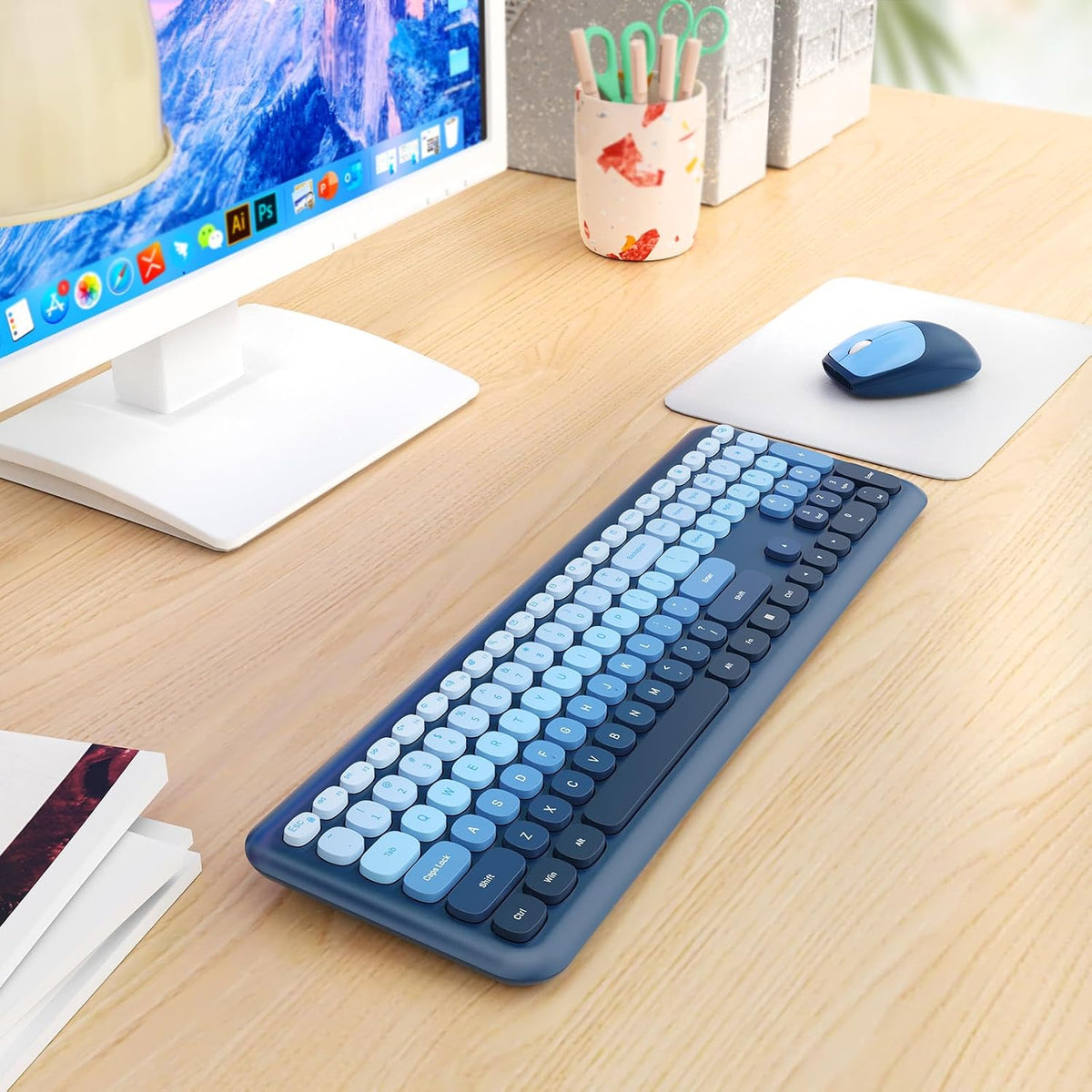 HotFox Blue Wireless Keyboard and Mouse Combo, Retro Typewriter Keyboard