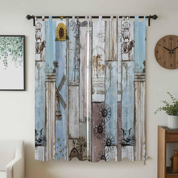 Blue Grey Wooden Living Room Curtains 84 Inch Length, Window Curtains Tab Top