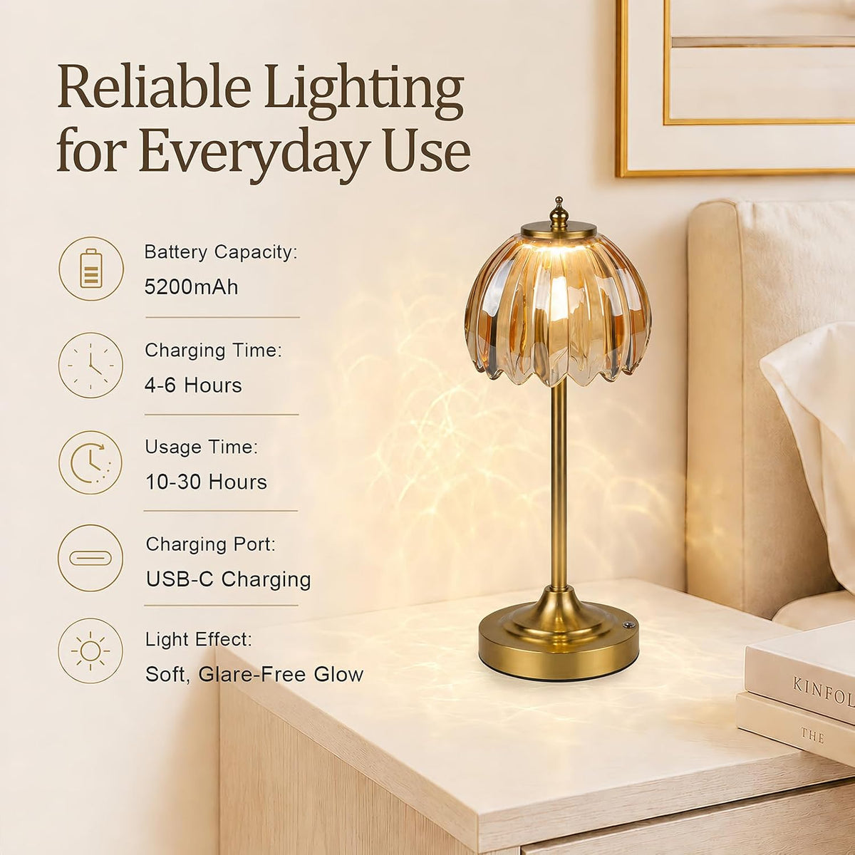 Rechargeable Cordless Table Lamp, 3 Color Temps & Stepless Dimming