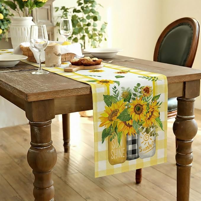 Sunflower Summer Table Runner 13x72 Inch, Kitchen Dining Table Decoration