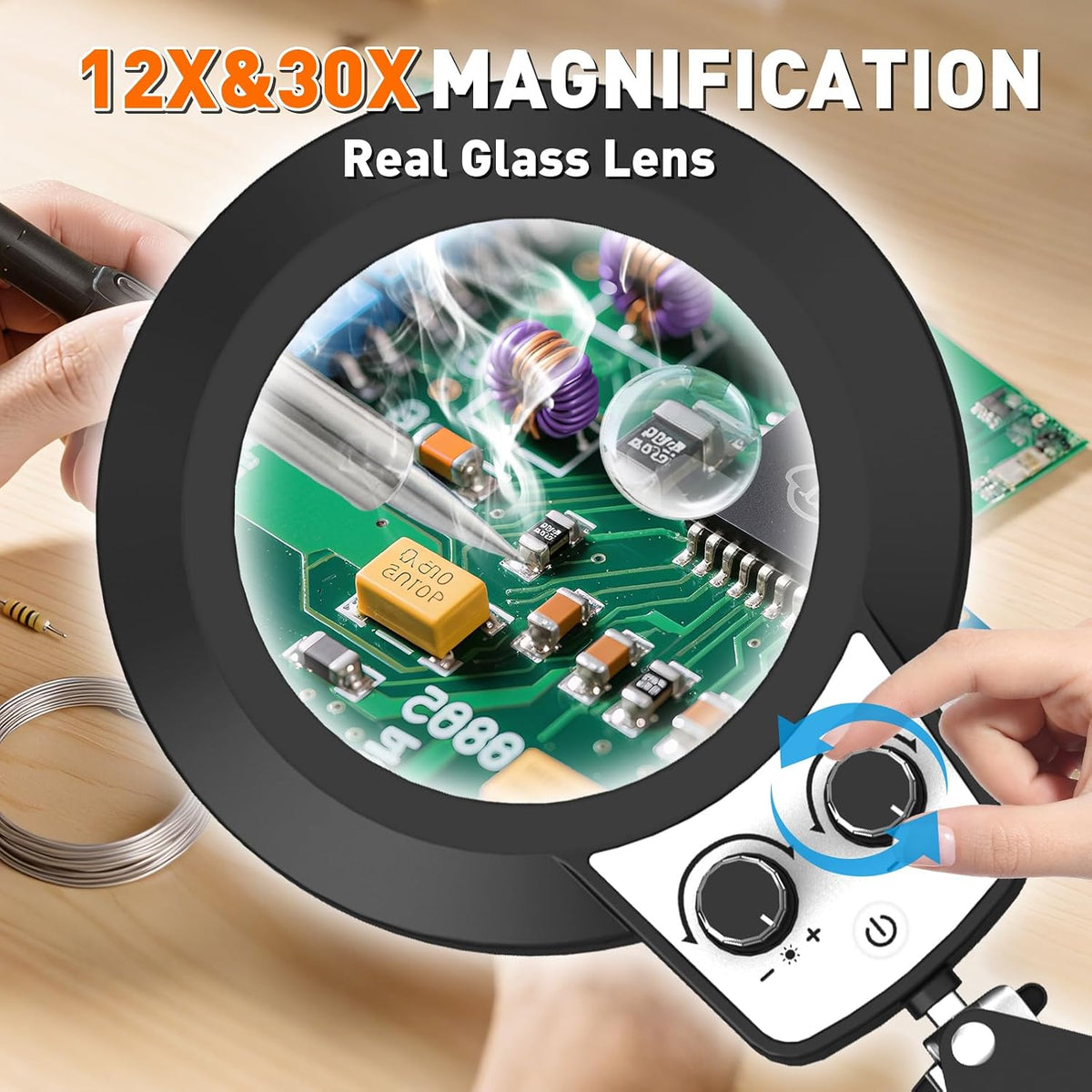 KIRKAS 12X 30X Magnifying Glass with Light and Stand, Extra-Long Arm Knob