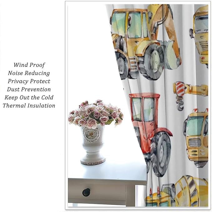 Kids Excavator Curtains, Retro Truck Tractor Machinery Construction Vehicle