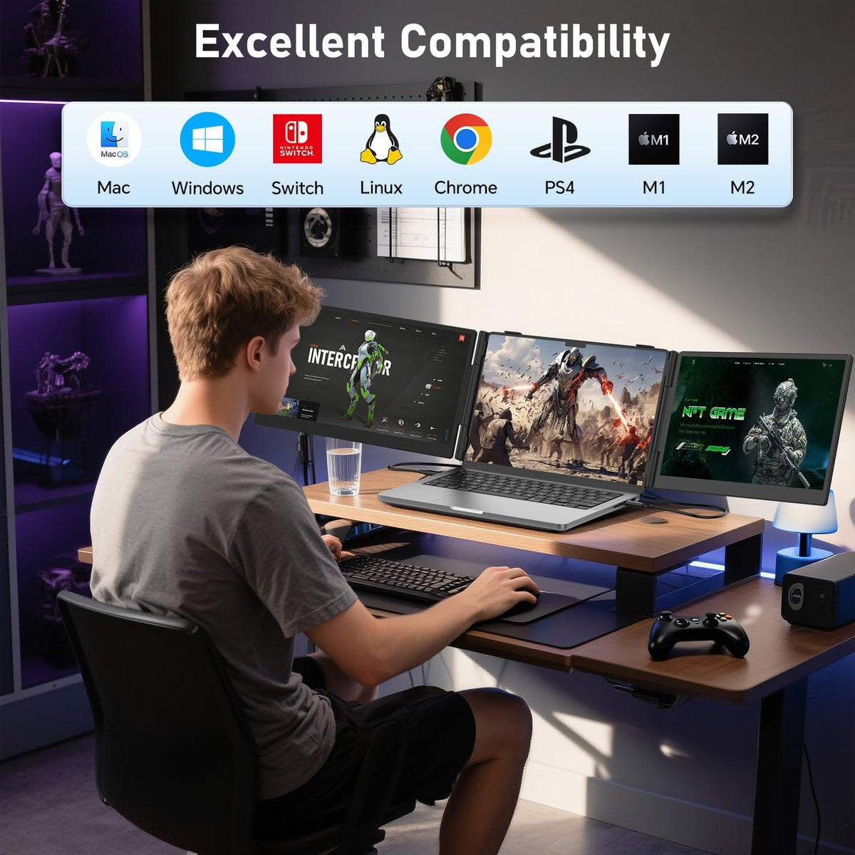 14" Triple Laptop Screen Extender, 1080P Ultra-Slim Portable Monitor