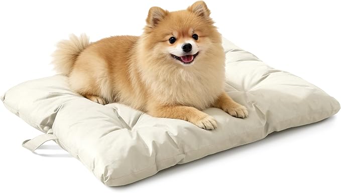 Chew Resistant Dog Bed for Small/Medium Dogs - Durable 29"x18" Kennel Pad with Soft Plush Filling, Machine Washable Crate Mat for Aggressive Chewers, Indoor Outdoor Pet Bed, Beige