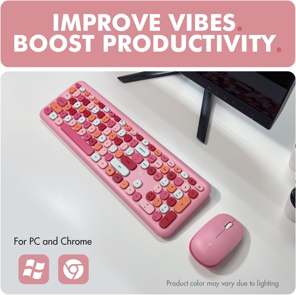 X9 Pink Keyboard and Mouse Wireless Combo - Retro Typewriter Keyboard and Mouse with Aesthetic Bubble Keys - Colorful Keyboard and Mouse Wireless for PC, Laptop, Windows, Chrome
