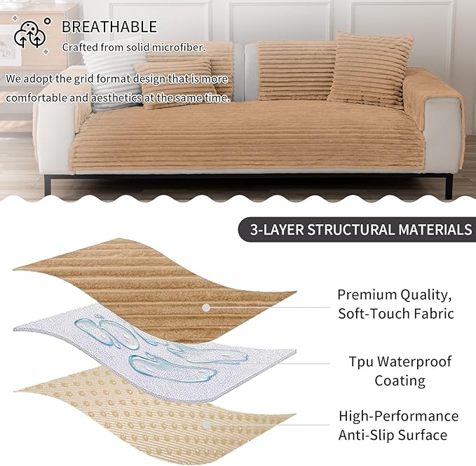Waterproof Couch Cover & Sofa Cover, Couch Covers for Sofa Washable Non-Slip, Soft Dog Bed Protector for Sectional, Loveseat, Living Room, Car & RV Furniture (Khaki, 23"x23" 2 Pack)