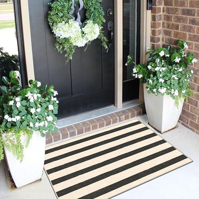 Black and White Striped Outdoor Rug
