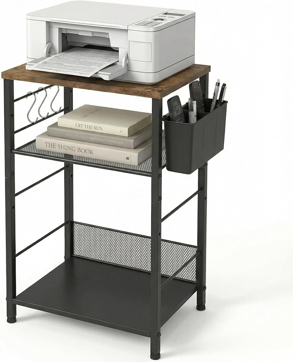 ECOLOVI Small 3 Tier Printer Stand for Under Desk, Height Adjustable Shelf Printer Table with 3 S-Hooks & Basket, Heavy Duty Industrial Storage Shelf for Home Office (Rustic Brown)