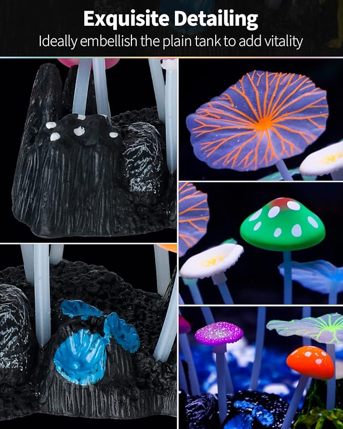 Uniclife Aquarium Coral Plant Ornament with Glowing Effect Imitative Mushroom Lotus Leaf Decoration Addition Colorful Lifelike Silicone Decor for Fish Tank Landscape