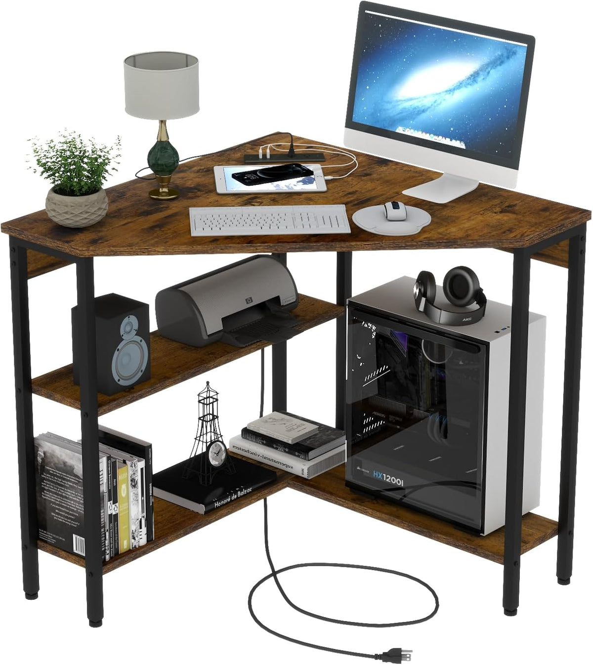 Triangle Corner Desk with Power Outlets, Storage Shelves for Small Space