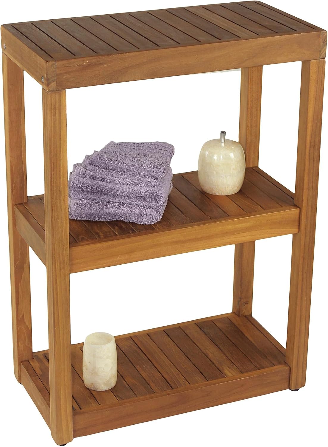 AquaTeak 12" Original Sula Rectangle Teak Bathroom Stand - Shower Stand with 3 Tier Shelf - Durable Water Resistant Shower Organizer - Space-Saving Storage Shelves with Anti-Slip Feet