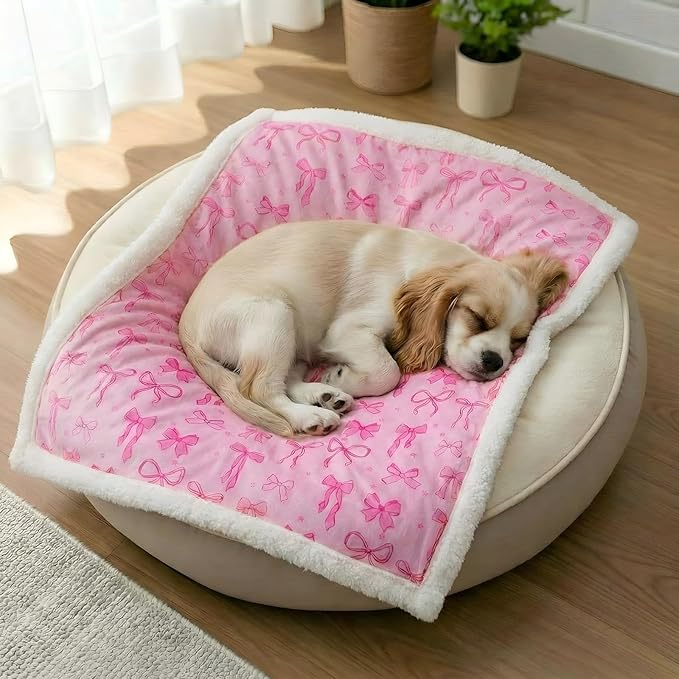 Tegeme Pink Bow Waterproof Small Dog Blanket, 40"x28" Reversible Soft Plush Pet Blanket for Couch Sofa Protection, Pee Proof Cat Dog Throw for Small/Medium Breeds