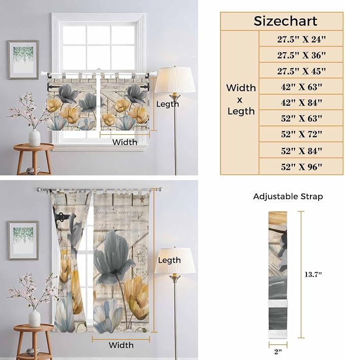 Spring Tulips Flower Kitchen Curtains 36 Inch Length, Small Window Curtains Tab