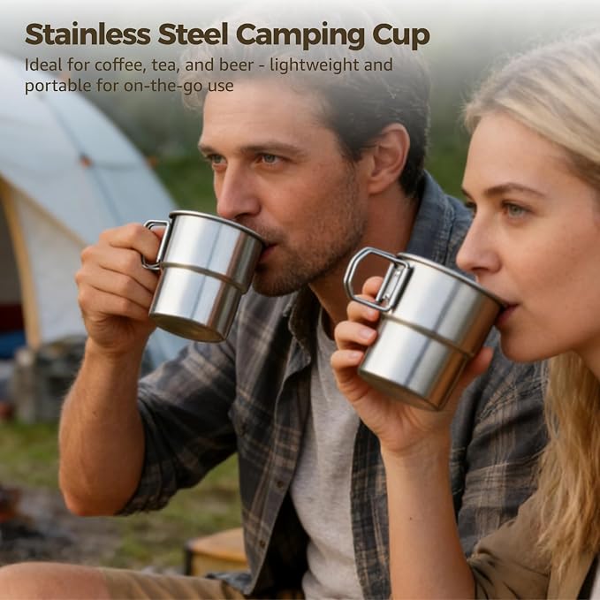 Joyibay 4 Pcs Stainless Steel Camping Cups, 10 oz Stackable Mugs w/Handle | 304