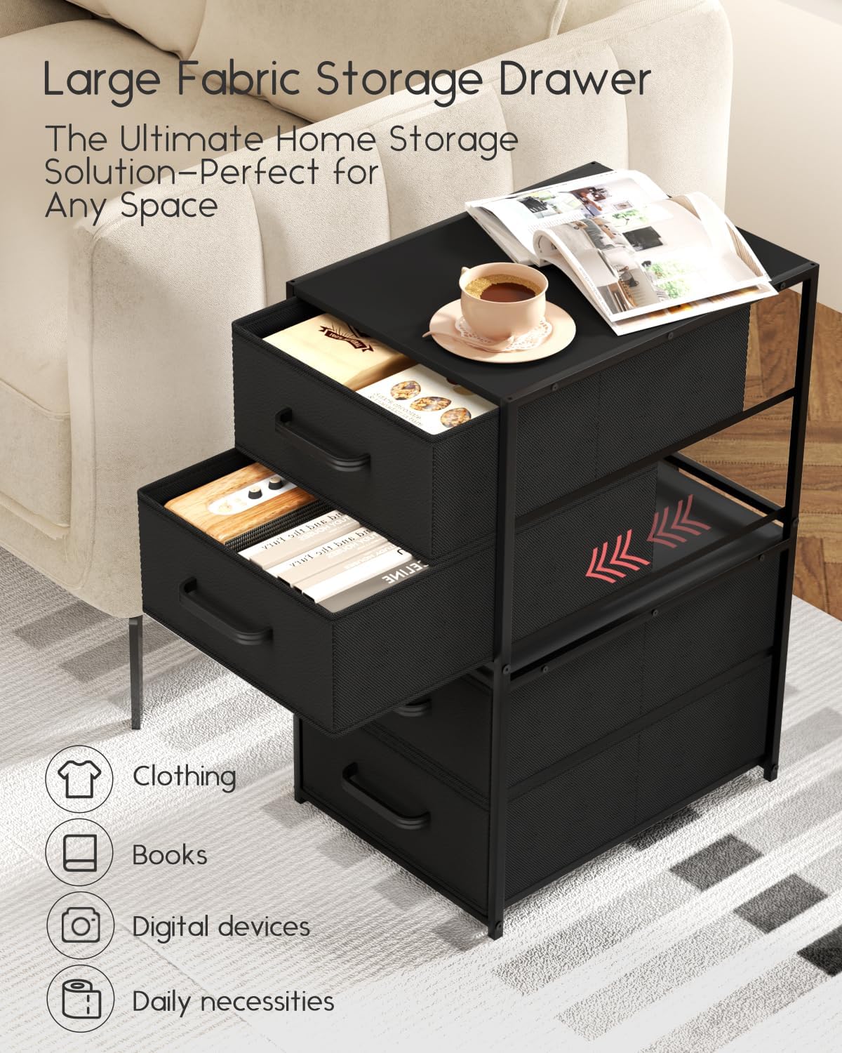 Homsorout Stackable Storage Drawers - 2 Tier Closet Organizer with Metal Frame and Handles, Fabric Dresser with Collapsible Bins for Bedroom, Dorm, Office, Black, 1 Pack