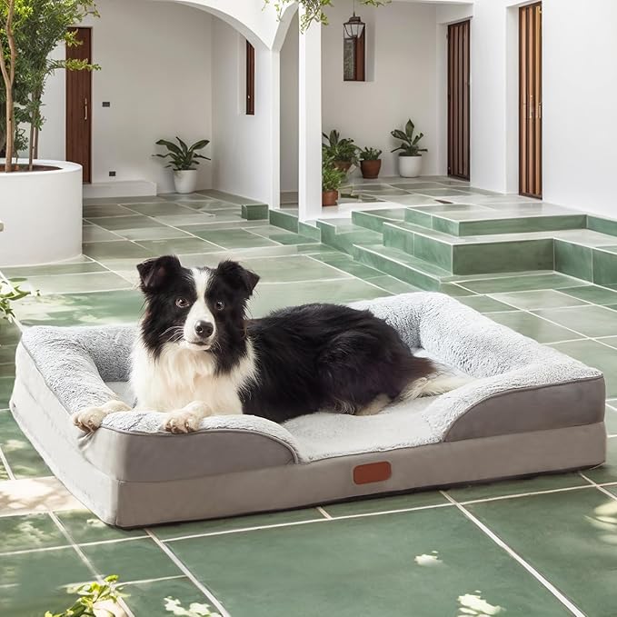 Orthopedic Dog Bed for Large Sized Dogs Waterproof Memory Foam Pet Beds with Nonskid Bottom Washable Dog Couch Bed with Washable Removable Cover Light Grey