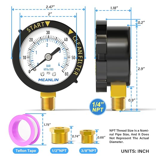 MEANLIN MEASURE 0~60Psi 1/4" NPT Start and Clean Filter Pressure Gauge