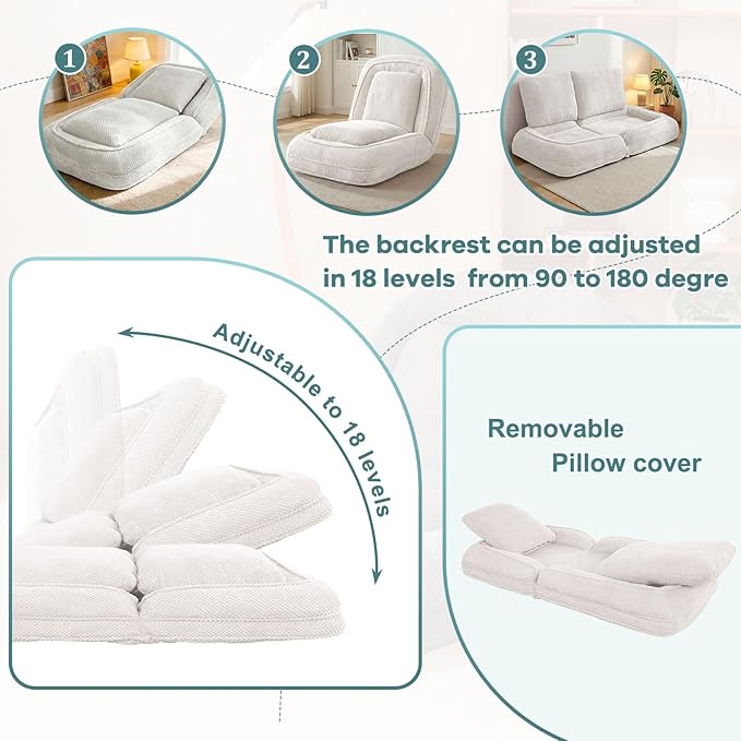 Human Dog Bed for Adults & Pets, 5-Position Adjustable Floor Chair, Convertible Lazy Sofa Bed with Metal Frame & 2 Pillows, Plush Gaming Lounge for Living Room Bedroom Office (White)