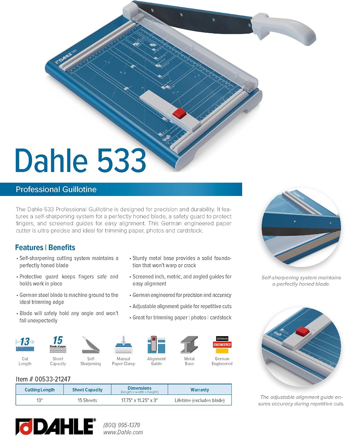 Dahle 533 Professional Guillotine Trimmer, 13" Cut Length, 15 Sheet Capacity, Self-Sharpening, Manual Clamp, German Engineered Paper Cutter