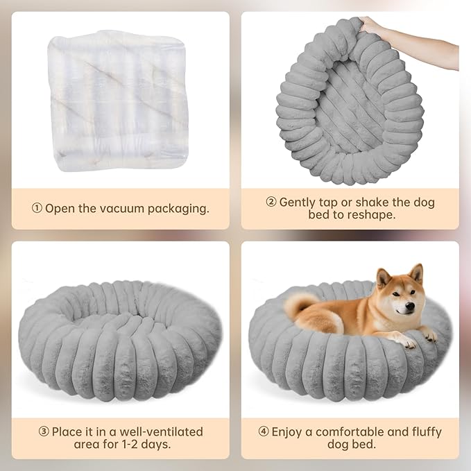 Donut Dog and Cat Bed, Luxurious Comfortable Faux Rabbit Fur Pet Beds, Soft Anti-Anxiety Calming Puppy Kitten Bed with Anti-Slip Bottom for Small Medium Dogs & Cats(20", Grey)