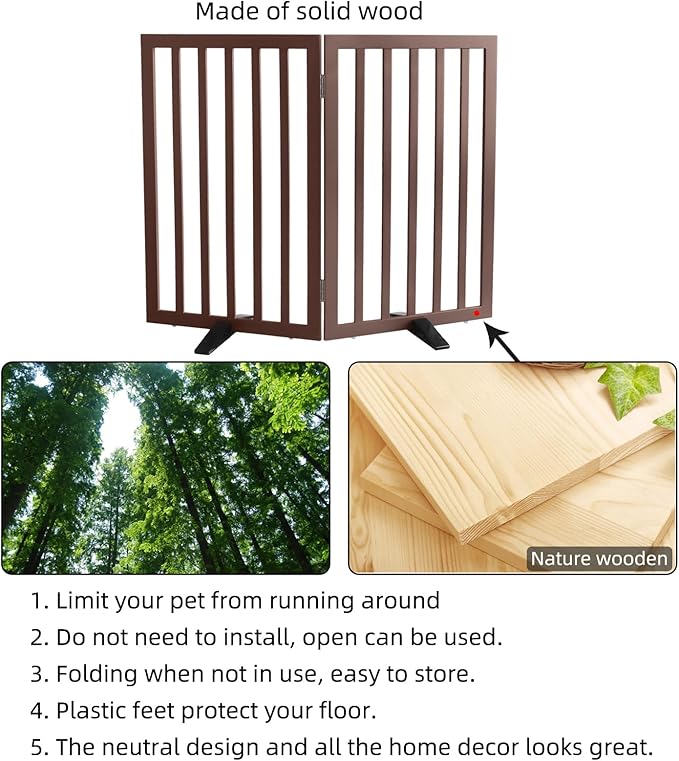 ZJSF Freestanding Indoor Dog Gate for House Foldable Wood Puppy Gate for Doorways Pet Gate for Stairs Extra Wide Pet Fence, Brown, 32" Height 2 Panels