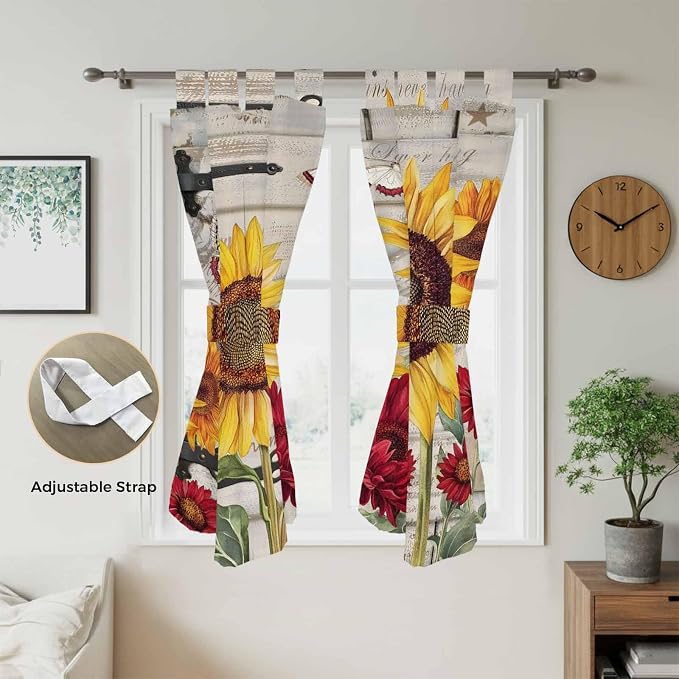 Red Yellow Sunflowers Living Room Curtains 84 Inch Length, Window Curtains Tab
