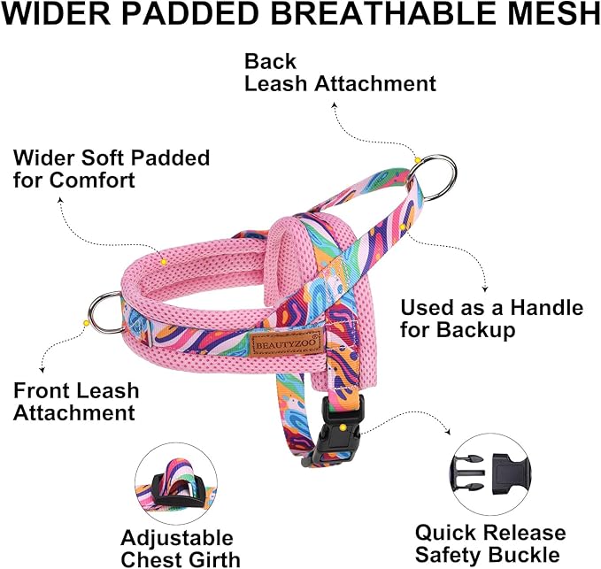BEAUTYZOO Dog Harness for Small Dogs,No Pull Dog Harness and Leash Set,Soft Escape Proof Puppy Vest Harness with Handle,Reflective Lightweight Step in Harness for Girl Boy Dogs,Pink_Print XS