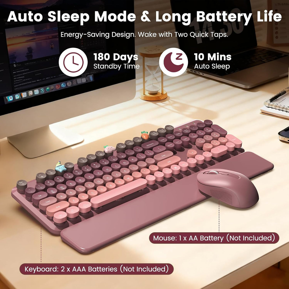Wireless Keyboard and Mouse Combo, Cute Retro Typewriter Keyboard with Round Keycaps, Magnetic Wrist Rest, Full-Size Aesthetic Design, 2.4GHz Wireless for Mac, Windows PC, SABLUTE CK23, Pink Gradient