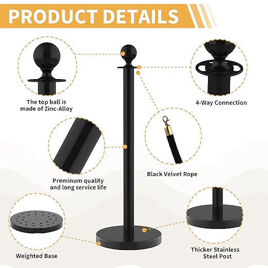 4Pcs Stanchions and Velvet Ropes, Black Stanchions with Retractable Belts, Crowd Control Barriers with Hollow Base, Red Carpet Ropes and Posts for Event & Party Supplies