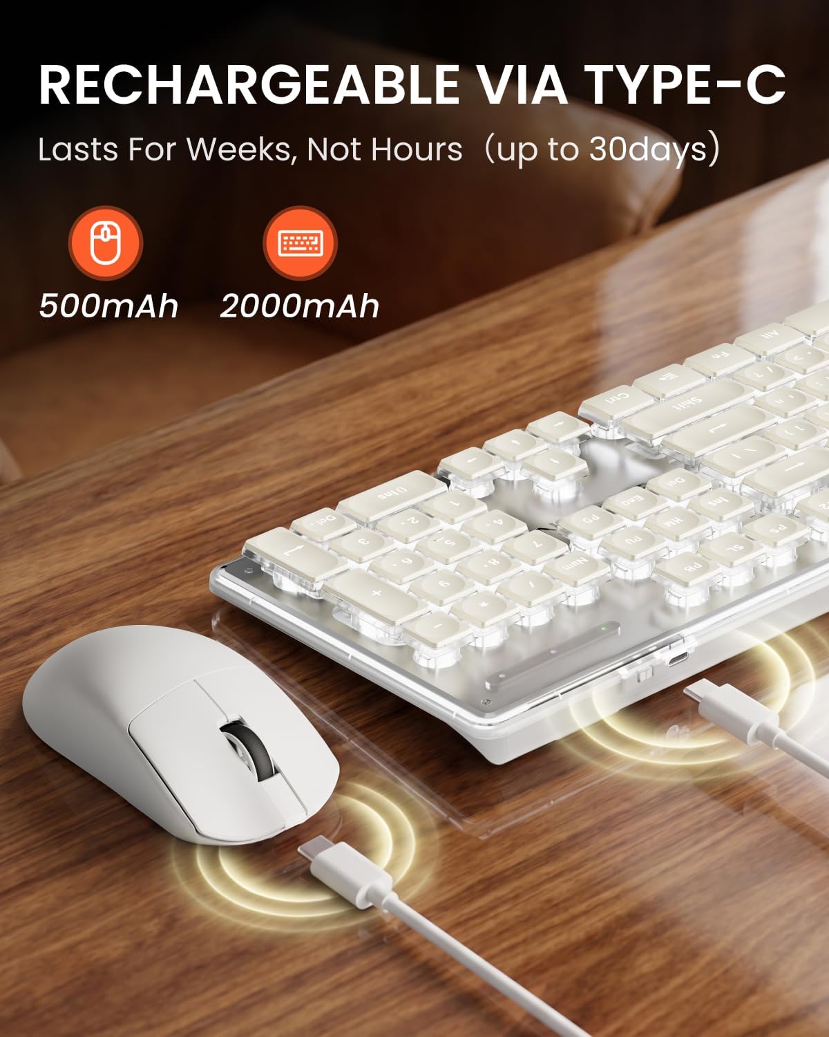 Wireless Keyboard and Mouse Combo, White Backlit, Rechargeable - White