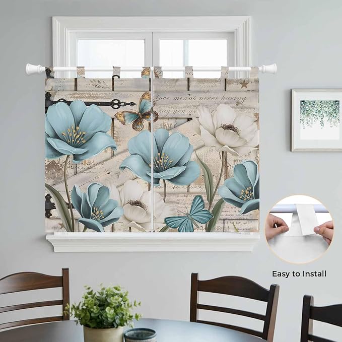 Teal Blue Tulips Bedroom Curtains 63 Inch Length, Window Curtains Tab Top