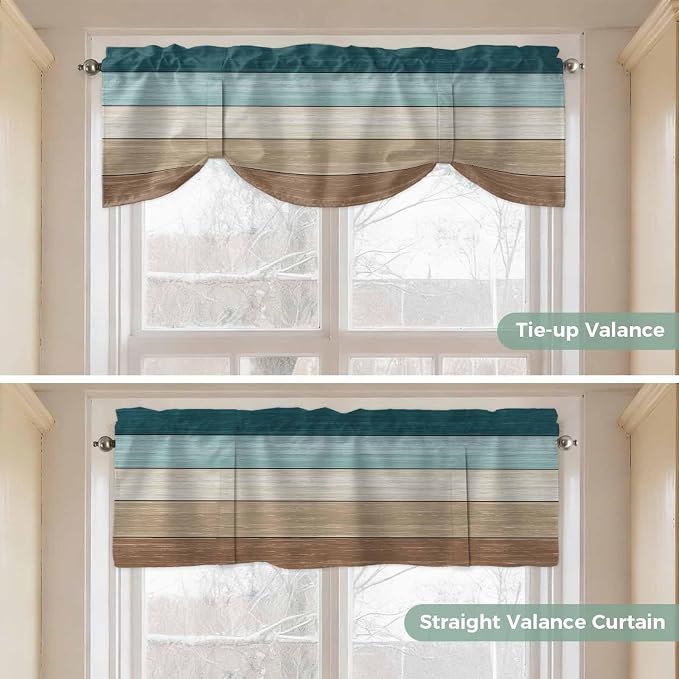 Teal Brown Tie Up Valance Curtains