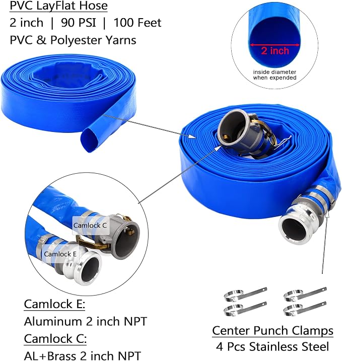 DAVCO 2" ID × 100 ft Pool Backwash Hose, Heavy Duty Reinforced Blue PVC Lay