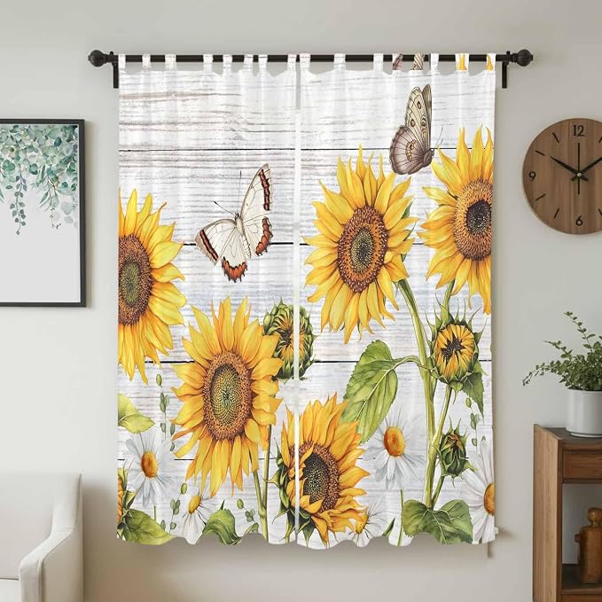 Yellow Sunflowers Living Room Curtains 96 Inch Length, Window Curtains Tab Top