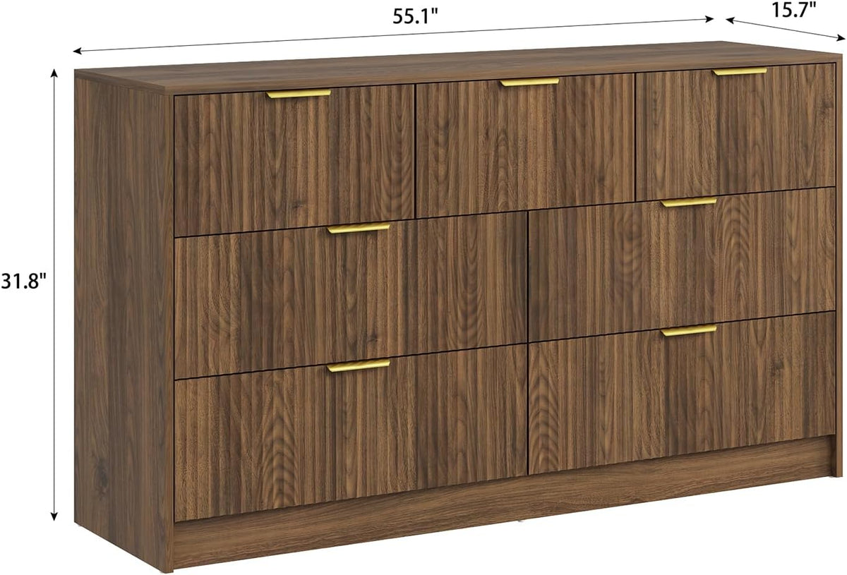 7 Drawer Fluted Dresser with Deep Drawers for Bedroom, Walnut丨55 Wide Mid Century Dresser, Modern Chest of Drawers, Wood TV Stand Storage Organizer for Closet, Living Room, Hallway