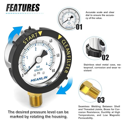MEANLIN MEASURE 0~60Psi Stainless Steel Start and Clean Filter Pressure Gauge